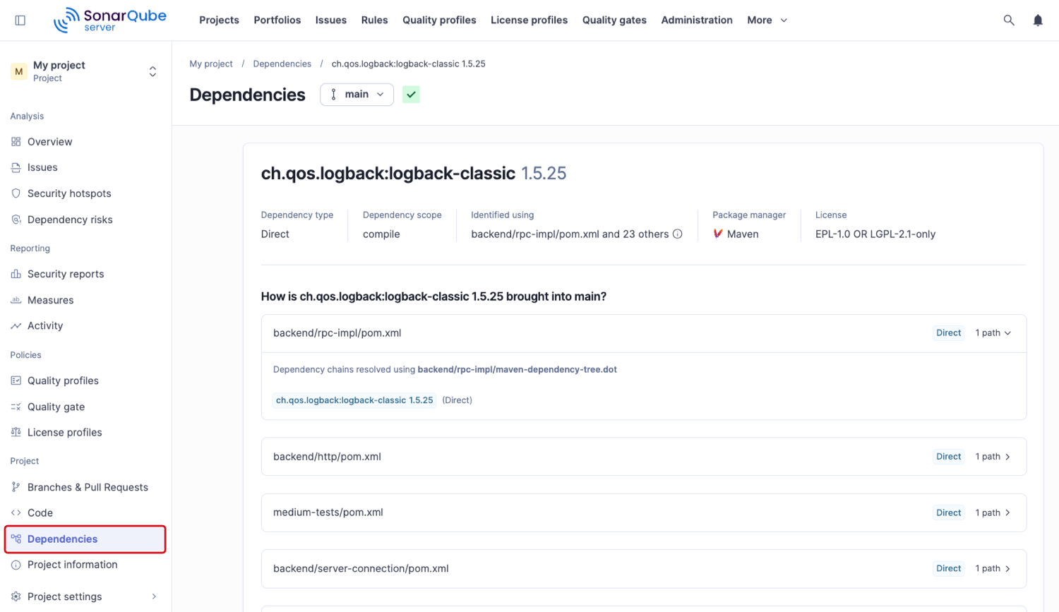 The detailed view of a dependency