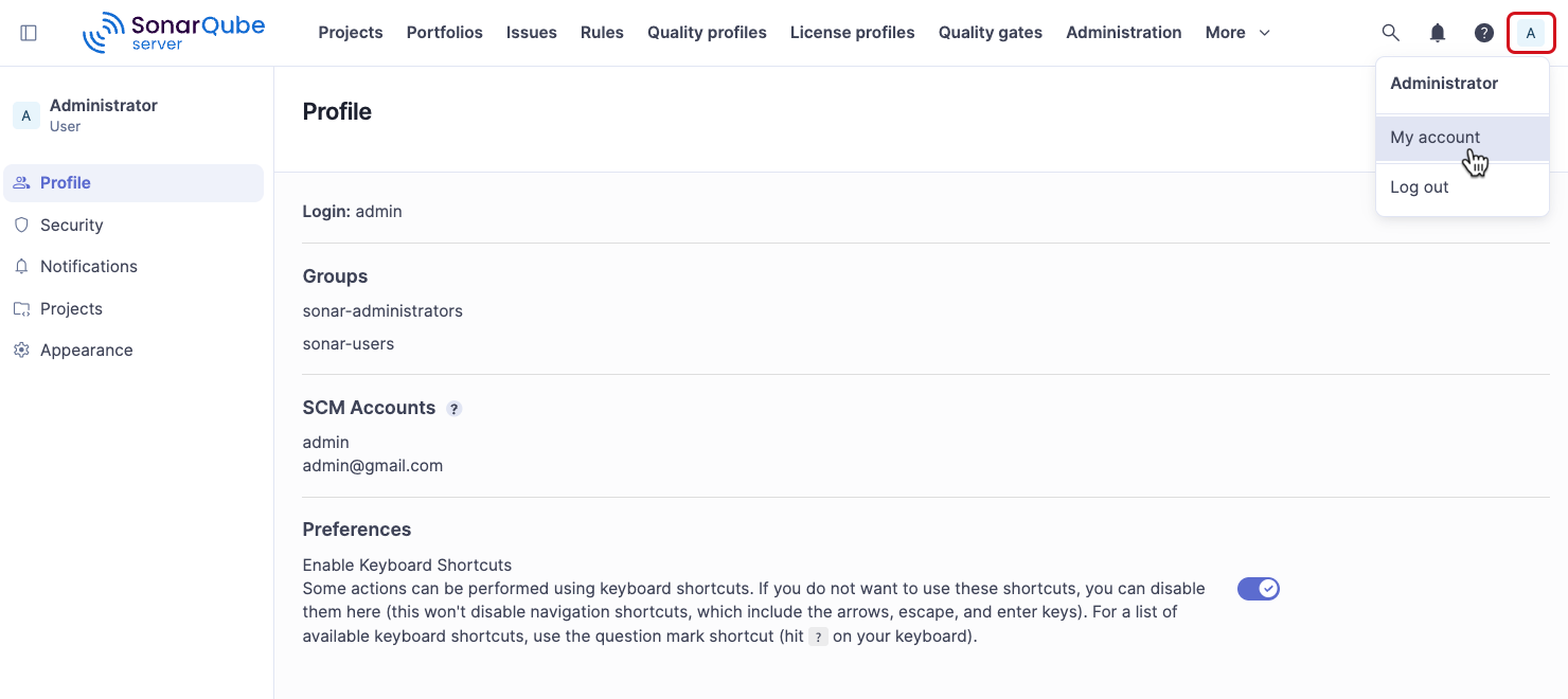 Accessing your SonarQube user profile.