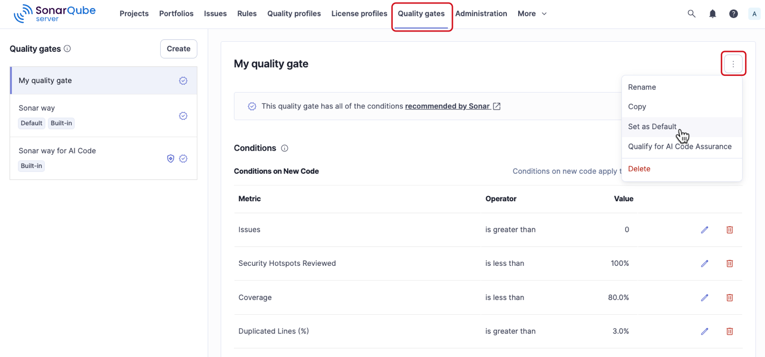 Setting a quality gate as a default one