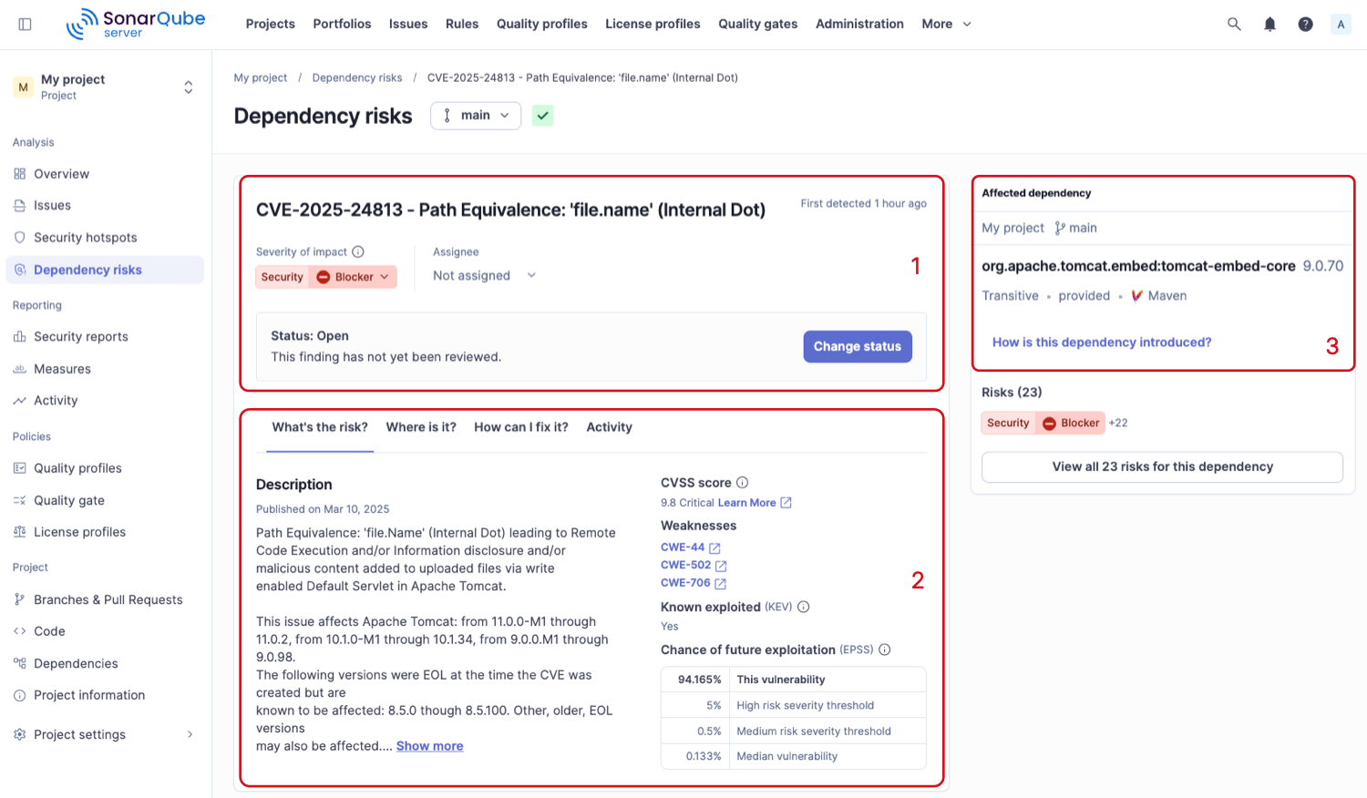 The information displayed on a dependency risk detailed view.
