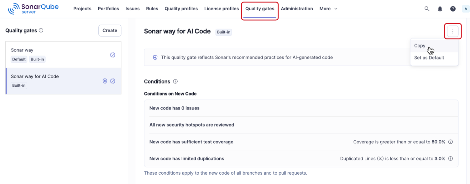 Copying an existing quality gate