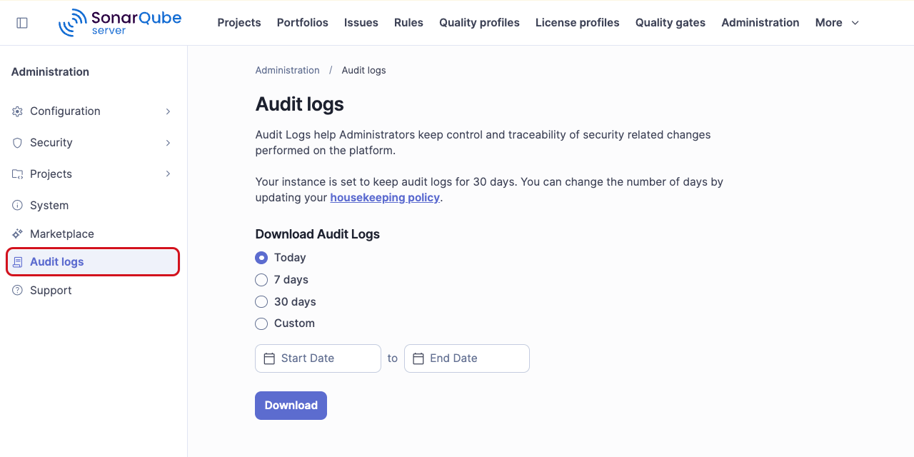 Downloading audit logs