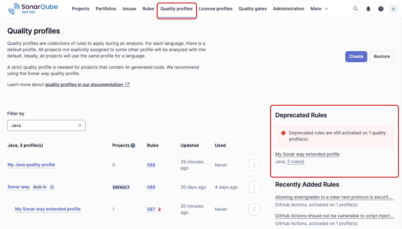 Deprecated Rules section on the Quality Profiles page.
