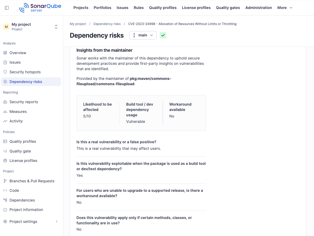 The insights from the maintainer section of the dependency risk detailed view.