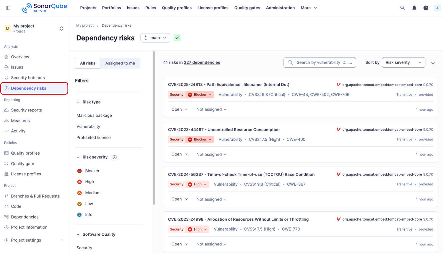 The list of dependency risks for a project in SonarQube Server