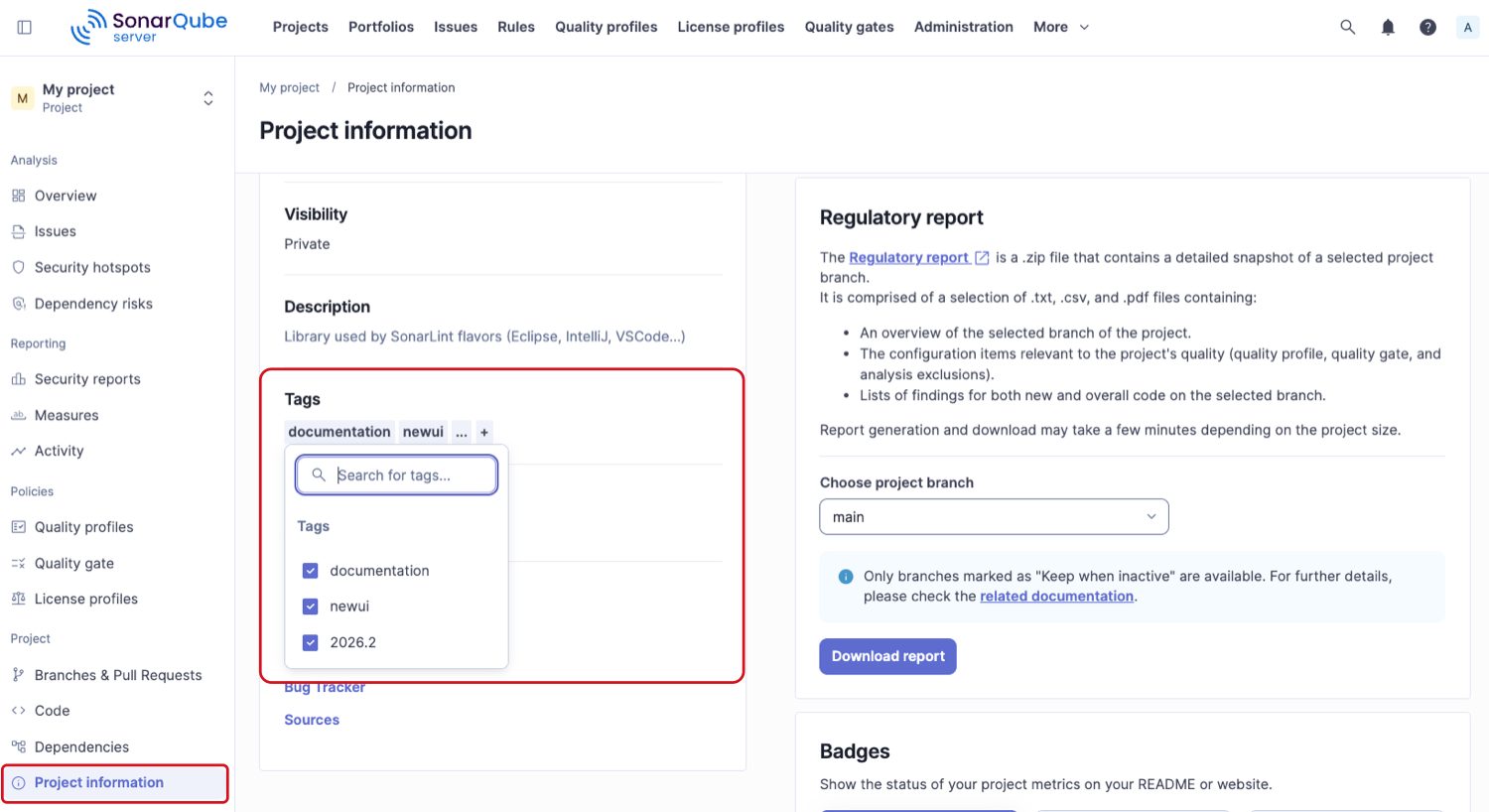 Adding tags on your Project Information page.