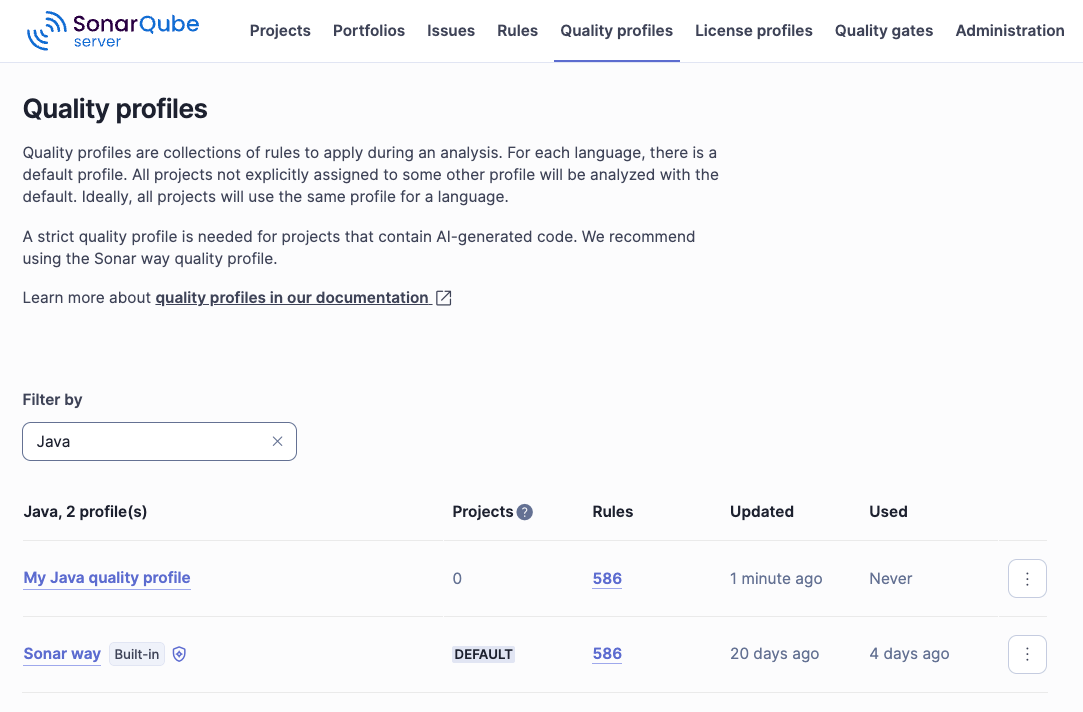 The image shows the BUILT-IN SonarQube quality profile and one custom quality profile for the Java language.