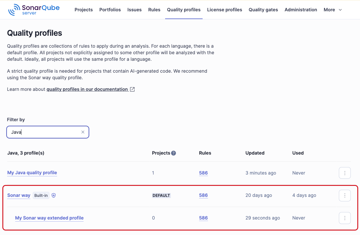 The image shows one custom quality profile in SonarQube that inherits it's rule list from the Sonar way quality profile..