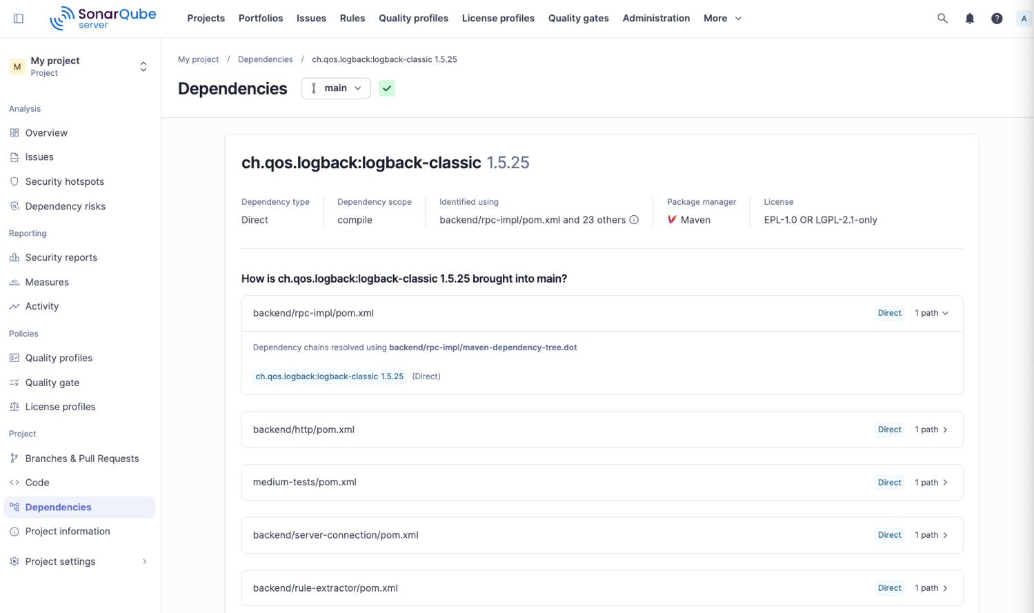 The detailed view of a dependency