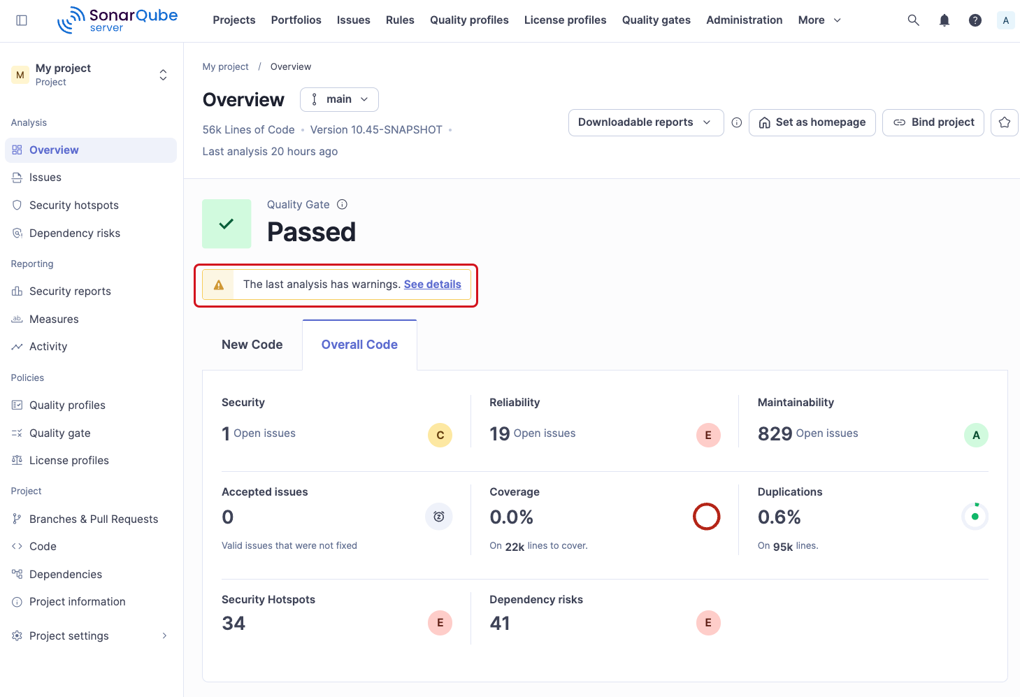 Analysis warnings on the project overview page